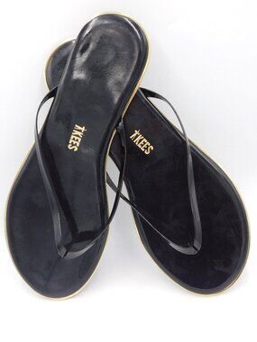 TKEES Black Patent Leather Gold Trim Flip Flop Thong Sandals | Beach | EUC | 10